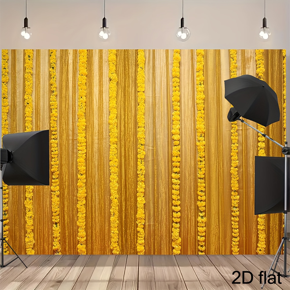 TEMU 2d Flat, 1pc Traditional Indian Marigold Backdrop - Vibrant Yellow Fabric Suitable For Weddings, Festivals & Photography With Intricate