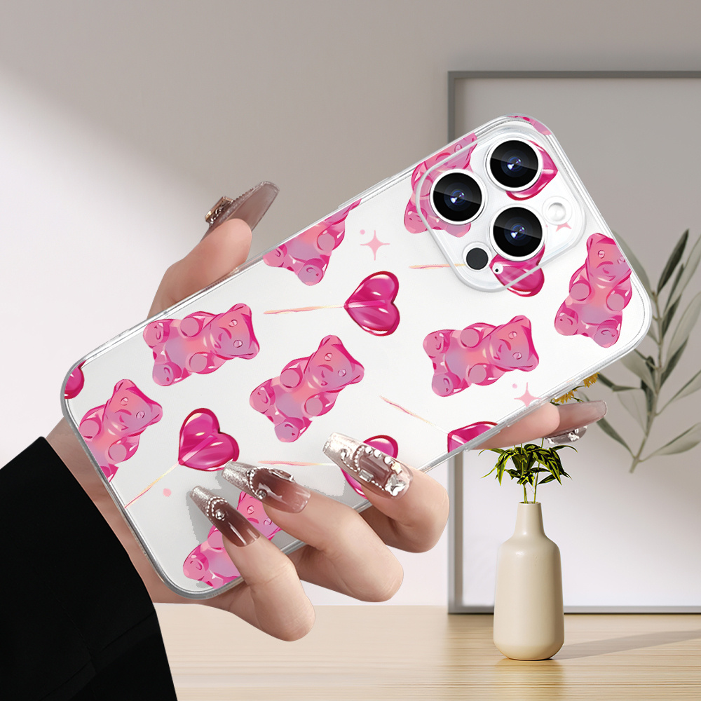 TEMU Phone Case: Spring New Bear Gummy And Heart Lollipop Pattern Transparent Tpu Shockproof Phone Case, For Iphone 17/16/15/14/13/12/14 Pro/plus/pro