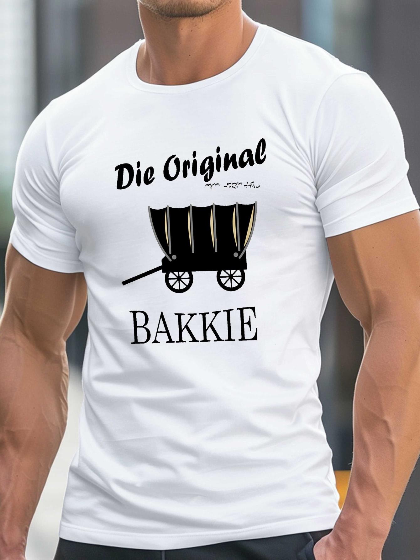 MenS Funny Afrikaans Print T-Shirt - Die Original Bakkie Humorous Design, Lightweight Summer Tee with Cartoon Car & Dog Illustration, Casual Round Neck Short Sleeve Top for Casual Attire, Comfortable Clothing | Playful Graphic Tee | Stretchable Fabr