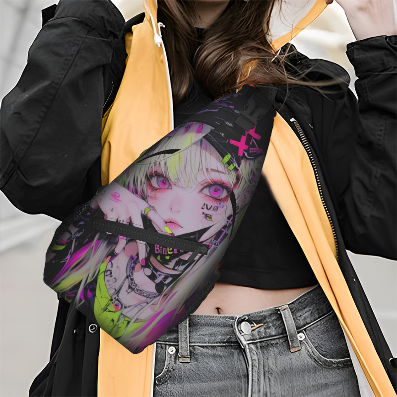 

Trendy, Anime Girl Print Fashion Sling Bag - Adjustable Strap, Metal Zipper, Casual Motorcycle Crossbody With Polyester Lining