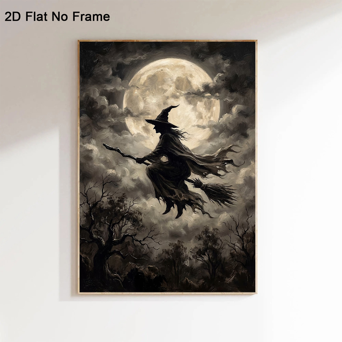 TEMU Affiche sur toile plate 2D, 2D plate, 1 pièce cadre, Sorcière volant sur balai avec silhouette de , Peinture sur toile d'art mural, Décoration