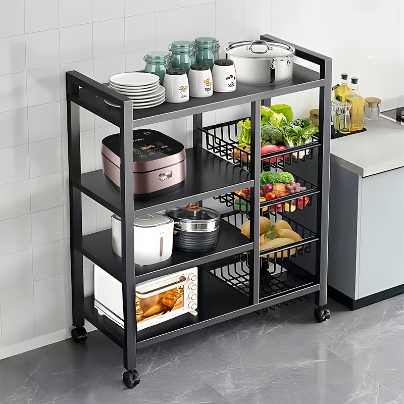 adjustable four tier heavy duty metal storage rack with three wire baskets and wheels a freestanding kitchen storage unit featuring upper and lower shelves designed to   suitable for pantries bathrooms standing shelf 0