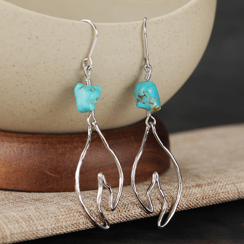 Women's Bohemian Turquoise & Silvery Leaf-shaped Earrings