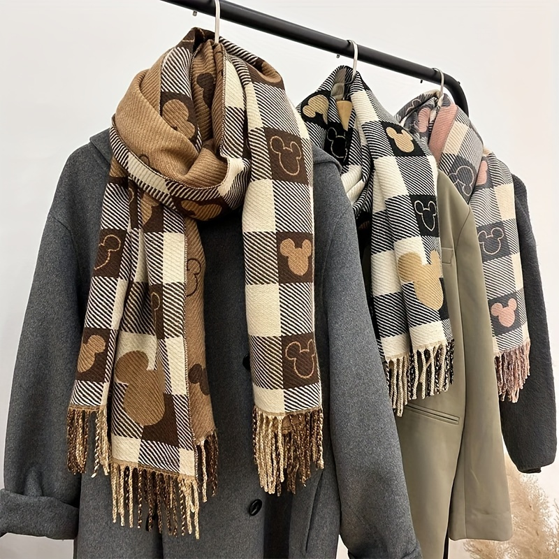 

Chic Reversible Bear Pattern Scarf For Women - Cozy Cashmere, Casual Shawl With Tassels, Winter & Style