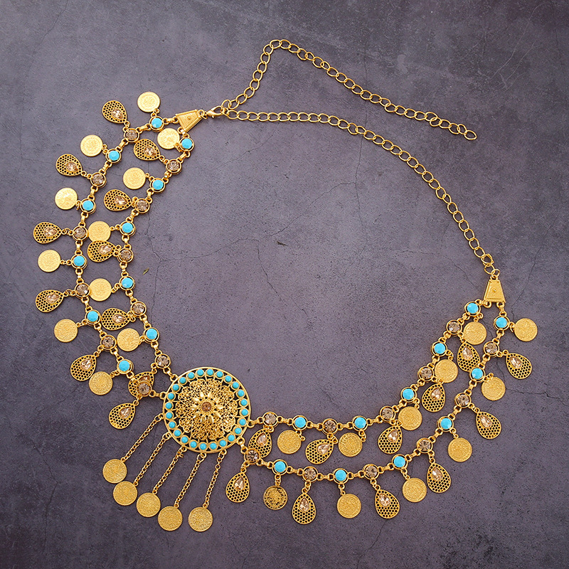 [Bohemian Waist Chain Necklace] NEULRY Women's Bohemian Retro Tassel Waist Chain Necklace - Vintage-Inspired Golden-Tone Metal with Turquoise & Clear Gemstones, Adjustable Headpiece & Waist Chain for Daily Wear, Parties, Weddings, Bohemian Jewelry, Party Accessory, Vintageinspired Design, Intricate Beaded Detail