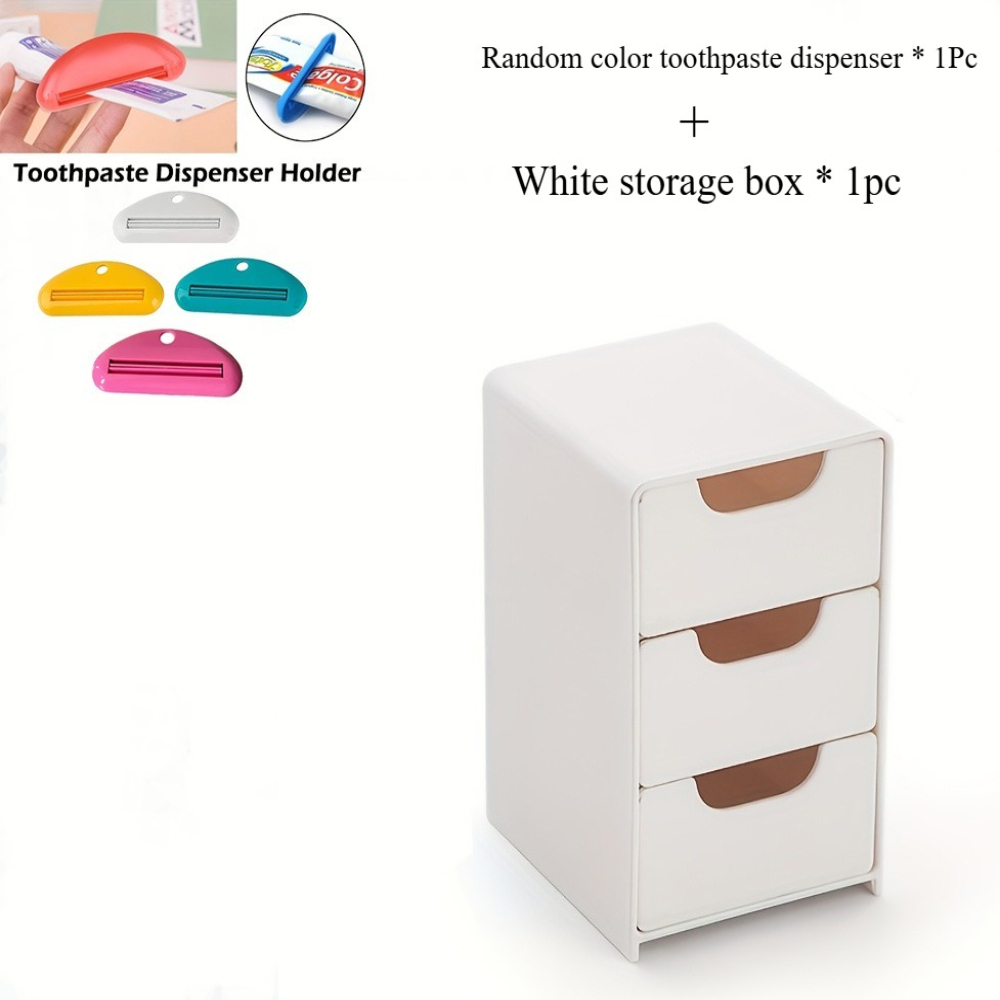 TEMU 2pcs Set (1 Storage Box And 1 Random Color Toothpaste Dispenser) 3-tier Drawer Storage Box, Memo Holders Suitable As Stackable Containers For