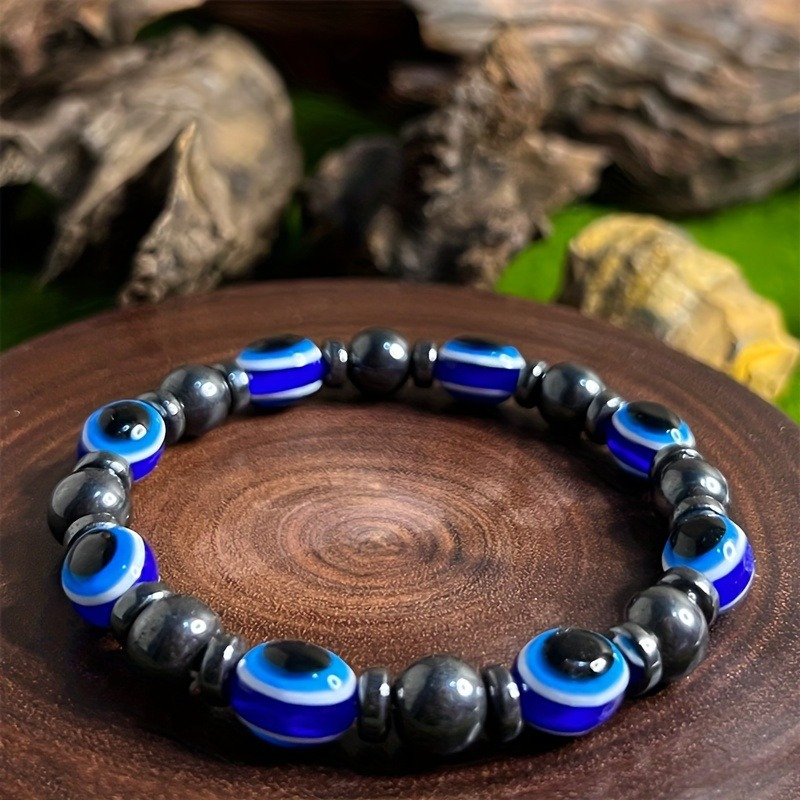 TEMU Bohemian Evil Eye Bracelet - Vintage Protective Charm, Unisex Fashion Accessory. , Stone Beads, Stretchable Design For . A Stylish Guardian Bracelet Halloween Gifts, Parties, And Wear