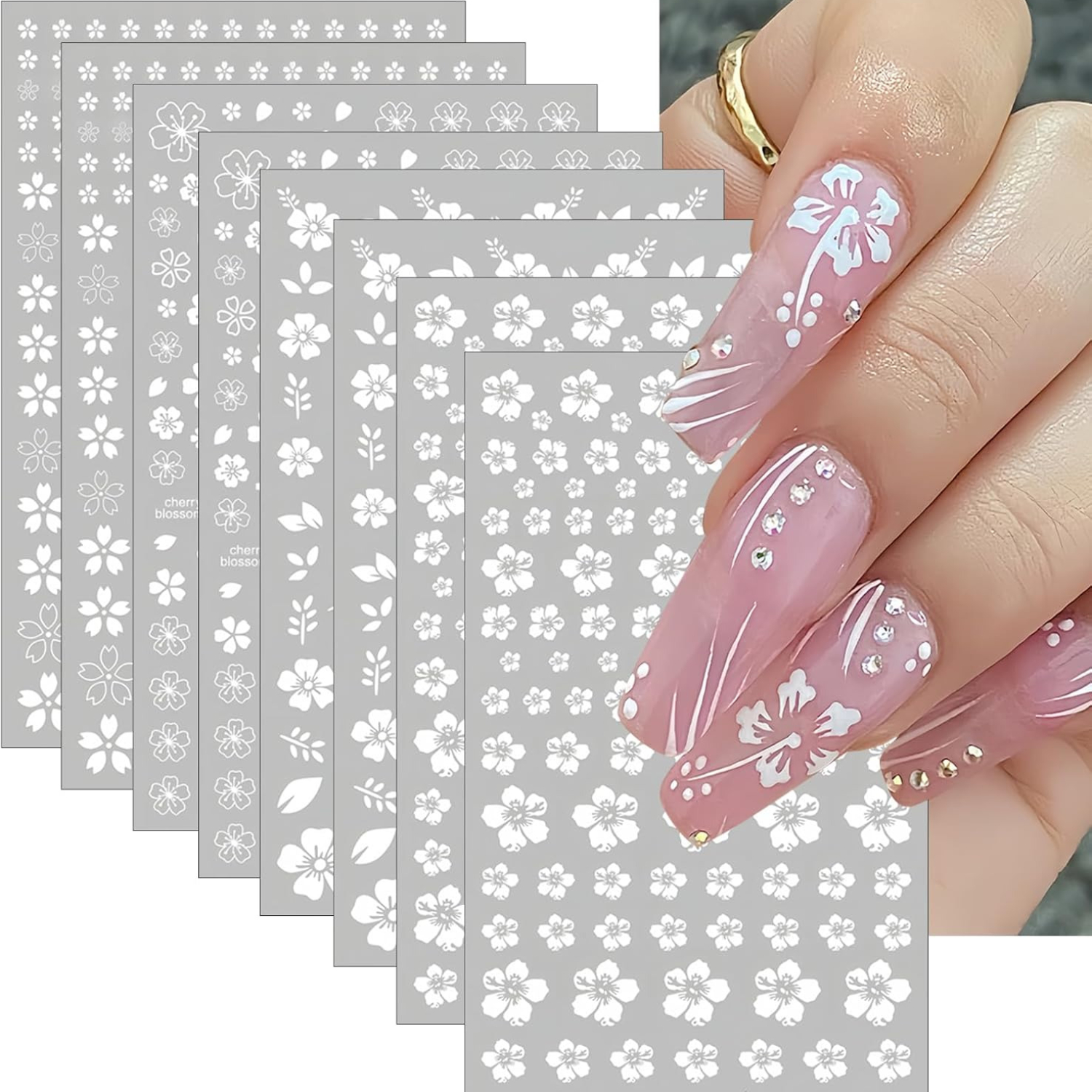 Image of 8 Sheets White Flower Nail Art Stickers Self Adhesive Nail Art Supplies White Cherry Blossoms Designers Nail Decals For Nail Women Manicure Diy Decoration