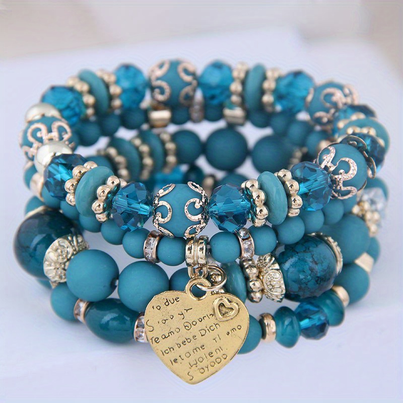 TEMU Collection Of 4 Layered Bracelets With Heart-shaped Pendants, A Vintage Jewelry Gift Perfect For Valentine's Day
