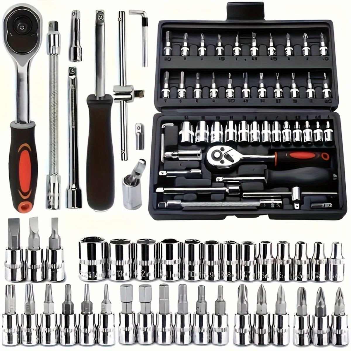 Une boîte à outils complète noire multi-usages pour la réparation automobile avec une boîte de rangement en plastique, un ensemble d'outils de réparation de vélo d'urgence pour les sorties, comprenant des clés hexagonales, des douilles de 1/2*1/4