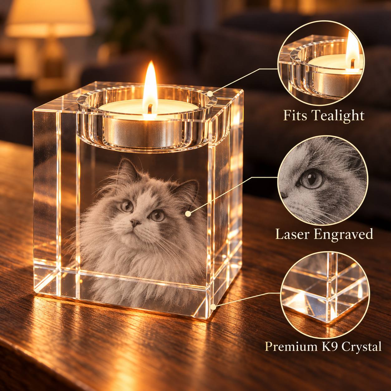 TEMU 1pc, Personalized Crystal, Laser Engraving Technique, Human Photo Dog, Personalized Photo Crystal Glass Candle Holder, Suitable For Pets,