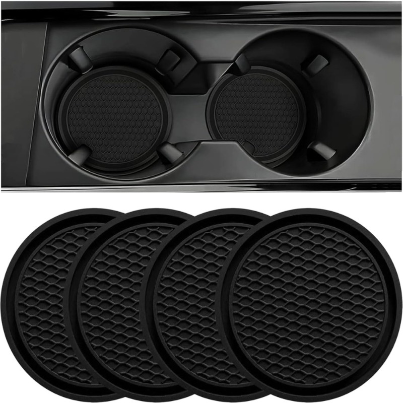 TEMU Universal 4pcs Set Of Non-slip Car Cup Holder Mats, With Embedded , Black Interior Accessory Set