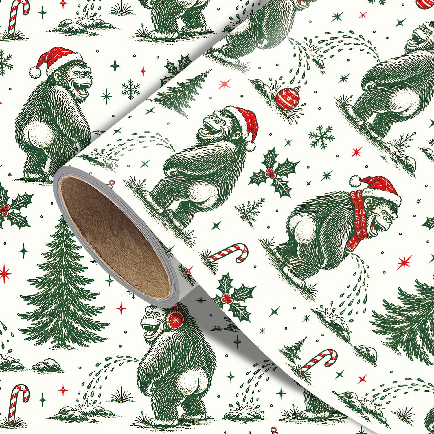 TEMU Roll Funny Gorilla Wrapping Paper Suitable For Xmas Gifts - Peeing , Santa Hats, Christmas Trees, Ornaments & Candy Canes Design, Single-sided