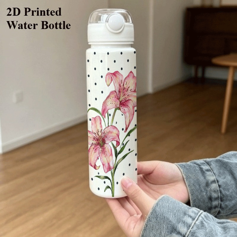 TEMU 1pc 750ml/25oz, 2d Printed Water Bottle With Strap 25oz Reusable Plastic Tumbler With Leakproof Lid Pink Lilies With Green Stems Set Against A