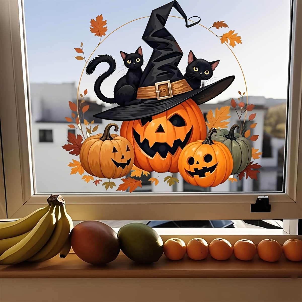 TEMU 1pc Halloween Scary Pumpkin Hat Black Cat Maple Leaf Window Sticker Decal Living Room Bedroom Dining Room Door Window Glass Decoration Sticker