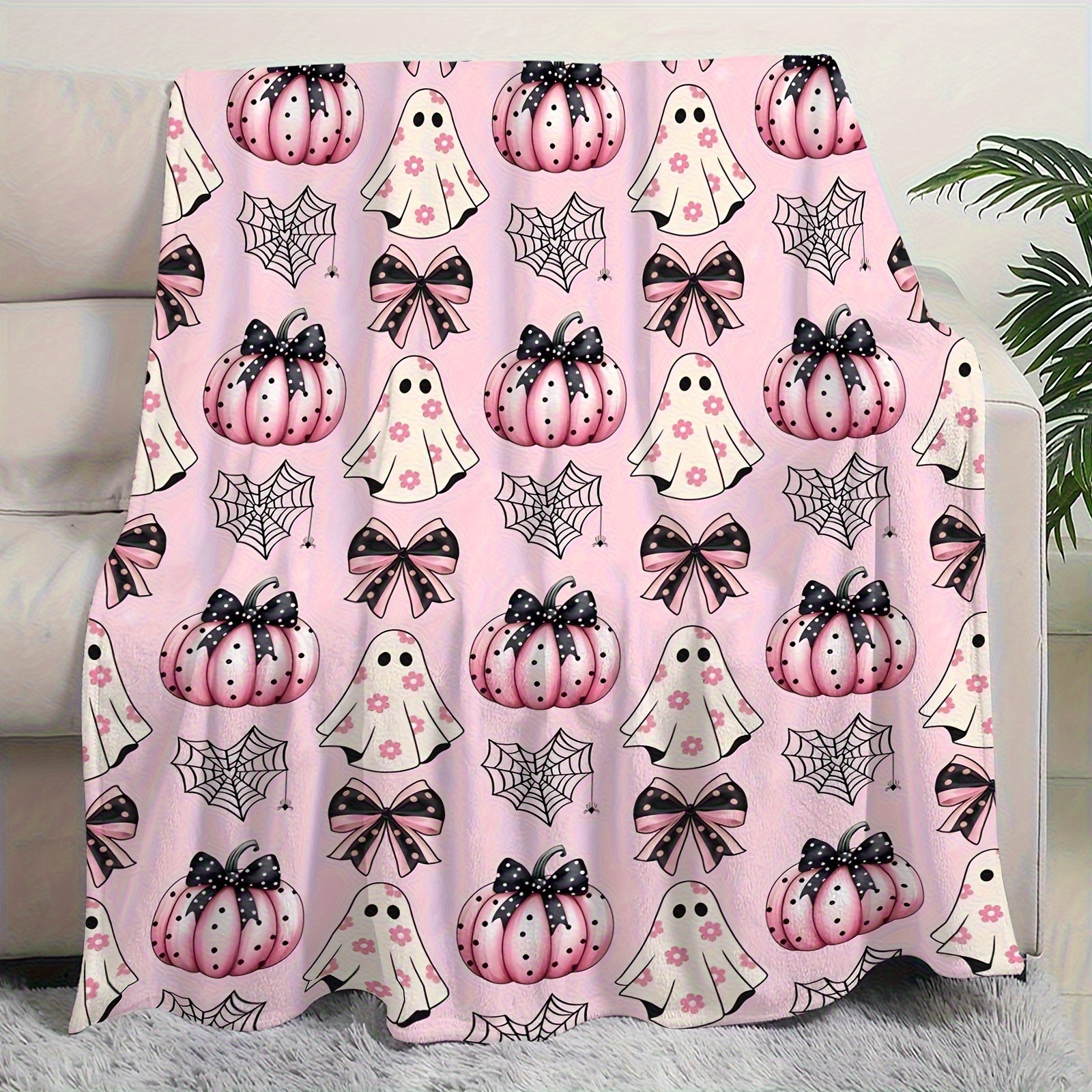 TEMU 1pc Halloween Pumpkin Blanket, And Web Design, Machine Washable, Suitable For , Ideal For Camping Or Home Decoration, Nap Blanket For