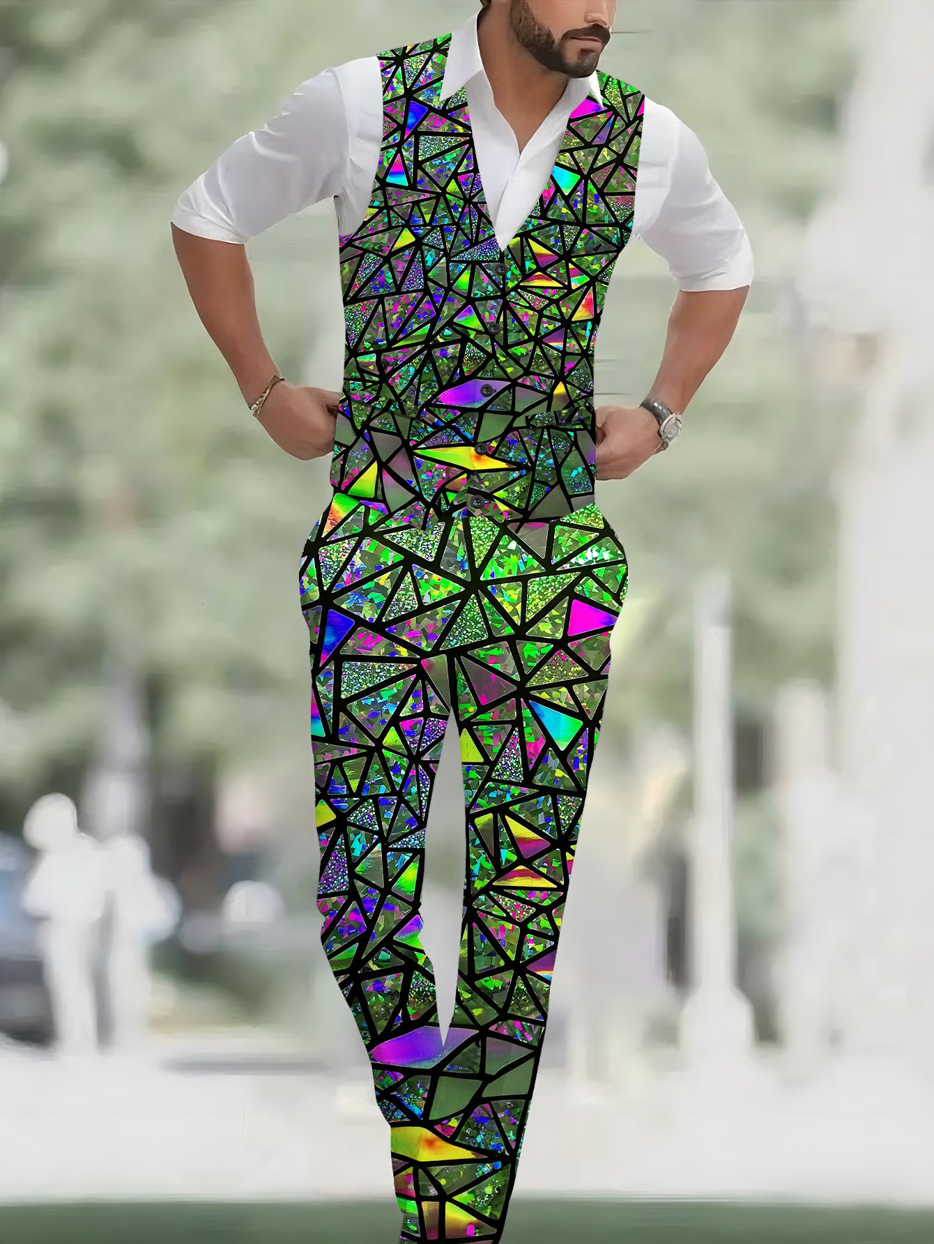 Men s Fashion 2pcs Vest + Pants Set with Colorful Glass Pattern - Classic Banquet Wedding Party Suit, Casual   Print Vest and Trousers Combo