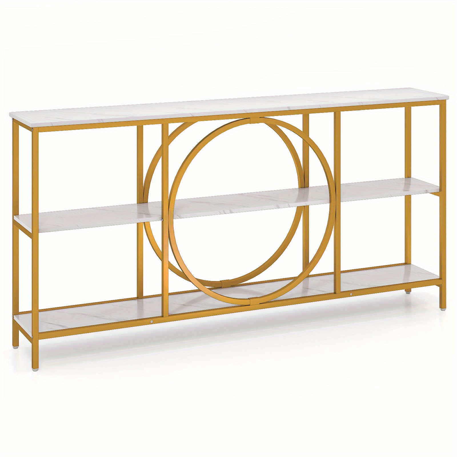 Three-level Console Table Featuring A Marble Surface, Sturdy Metal Frame, Elongated Design For Placement Behind A Sofa, And A Contemporary Accent Piece