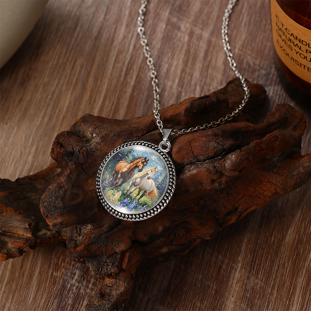 Galloping Horse Illustration Pendant Necklace, Trendy Gift