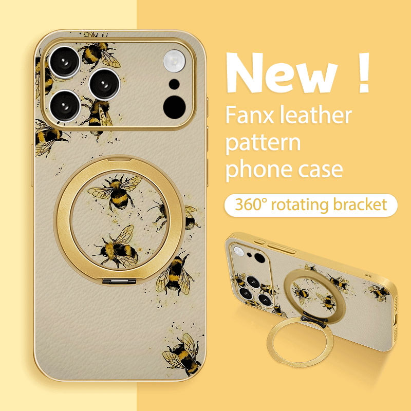 TEMU Phone Case - New Metallic Paint Uv Printed Phone Case With 360° Rotatable Ring Stand Set, Retro Bee Swarm Pattern For Iphone