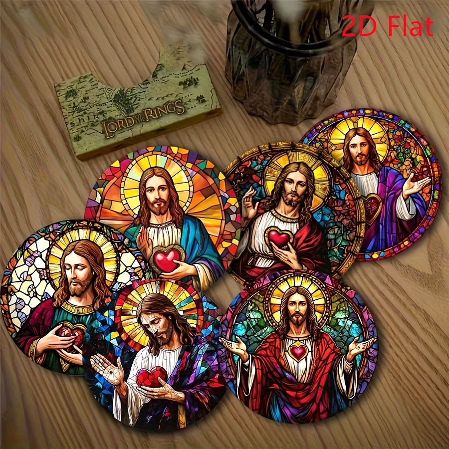 TEMU Round Drink Coasters Set Of 6, 2d Flat Stained Glass Heart Jesus Printed Cup Mats, Heat Resistant Table Coaster, Christian Religious Home Decor,