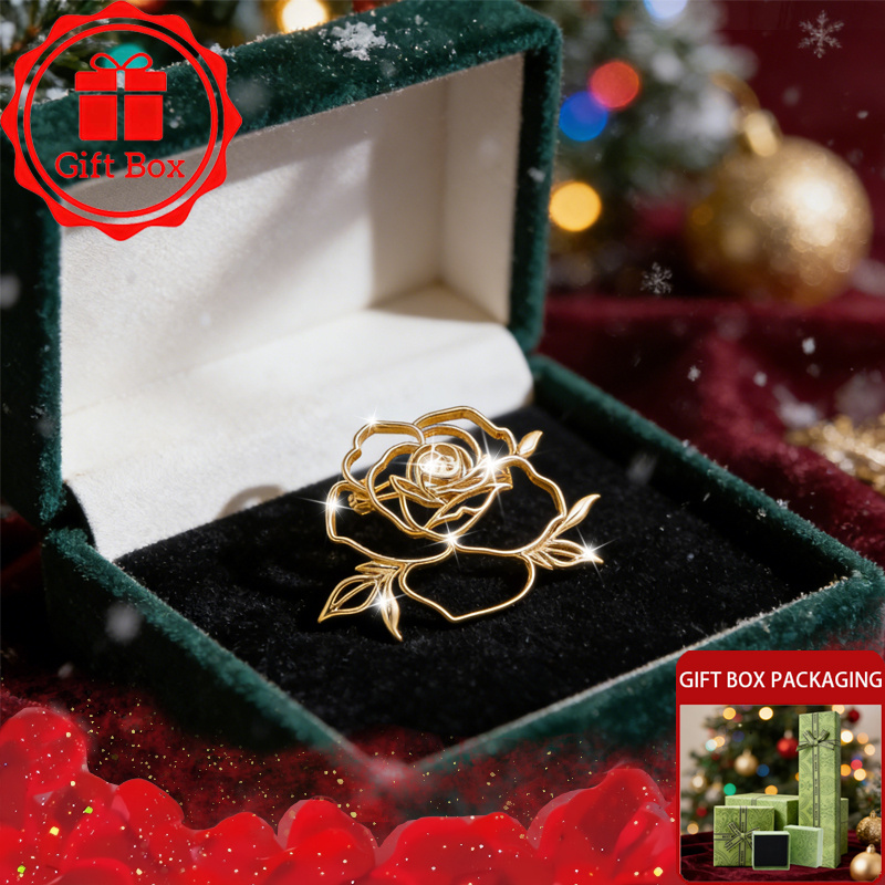 E-shop 1 Stück 18k vergoldete französische klassische durchbrochene Rosenbrosche mit Geschenkbox, geeignet für Neujahr 2026, Valentinstag als Geschenk