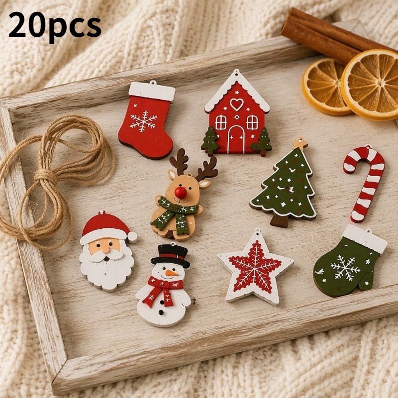 TEMU 20pcs Christmas Wooden Decoration Set, Featuring Rustic-style Wooden Hanging Ornaments Including Santa Claus, Reindeer, Snowman, Christmas Tree,