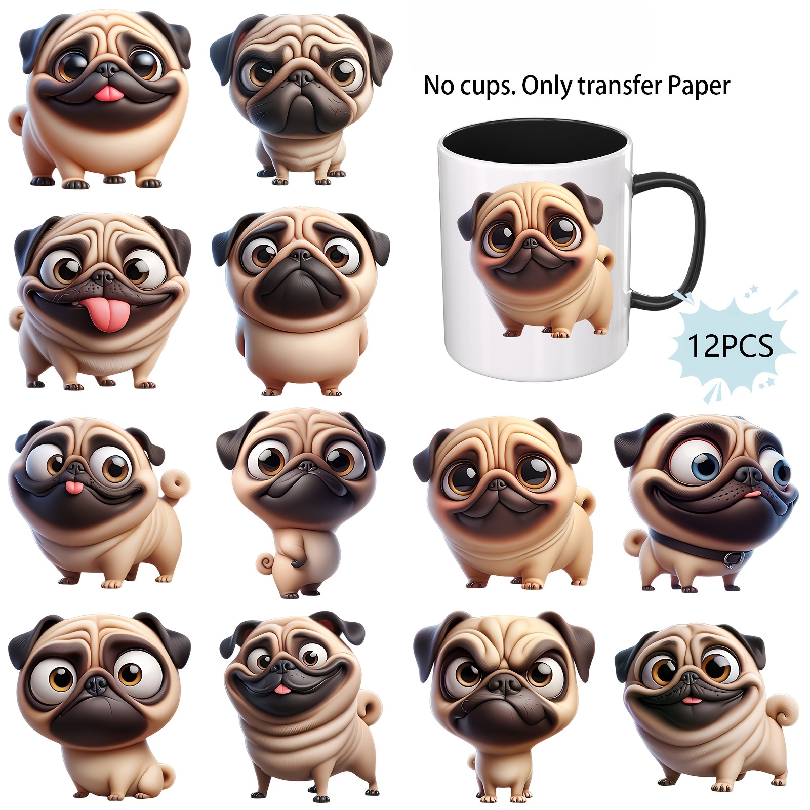 TEMU 12pcs Fun Pug Uv, Suitable For Cups, Uv Dtf Transfer, Suitable For Mugs, Insulated Tumblers, Diy Home Decor ( Only)