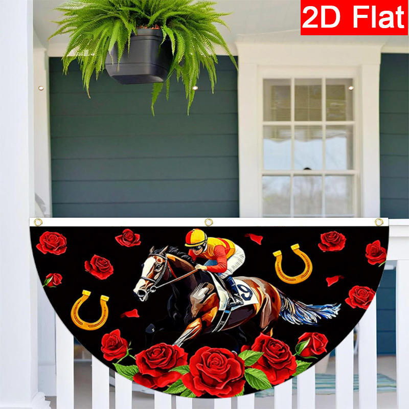 TEMU 2d Flat - 2d Flat - 1pc A 2d Flat Polyester Flag Shaped Like A Fan For , Featuring Horse Racing Designs. It Measures 17.7x35.4 Inches And Is