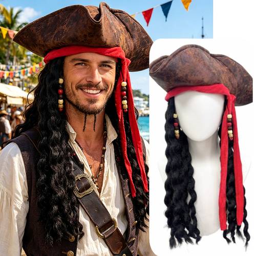 imagen del artículo conjunto de peluca de disfraz de pirata vintage para con sombrero vintage desgastado, , cuentas y peluca larga de negras y rizadas. para fiestas de halloween, en , atuendos festivos y accesorios de disfraces