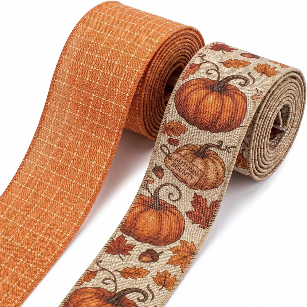 TEMU 2 Rotoli di Nastro Autunnale Rinforzato ,5 Pollici x 10 Iarde per Artigianato, Ghirlande, Fiocchi, Zucca, Foglie Autunnali, Nastro a Quadri e di