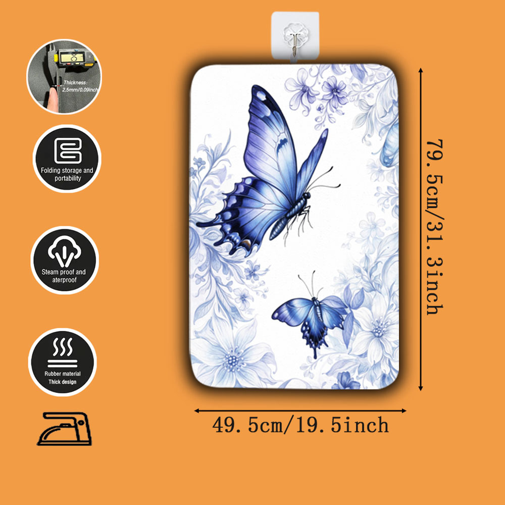 TEMU 1pc Portable Ironing Pad, Blue Floral Printed Pattern, Allowing For Hanging And Flat Ironing. Rolled Up Or Folded For Easy Carrying, Making It