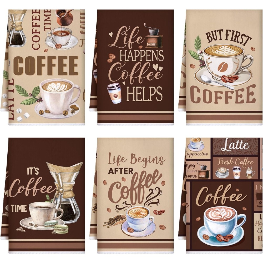 TEMU 6pcs Coffee Kitchen Towel Decor Set, Dish Towels With Strong Absorbency And Quick Drying, Hand Towels, Tea Ware, Retro Style, Reusable, Kitchen