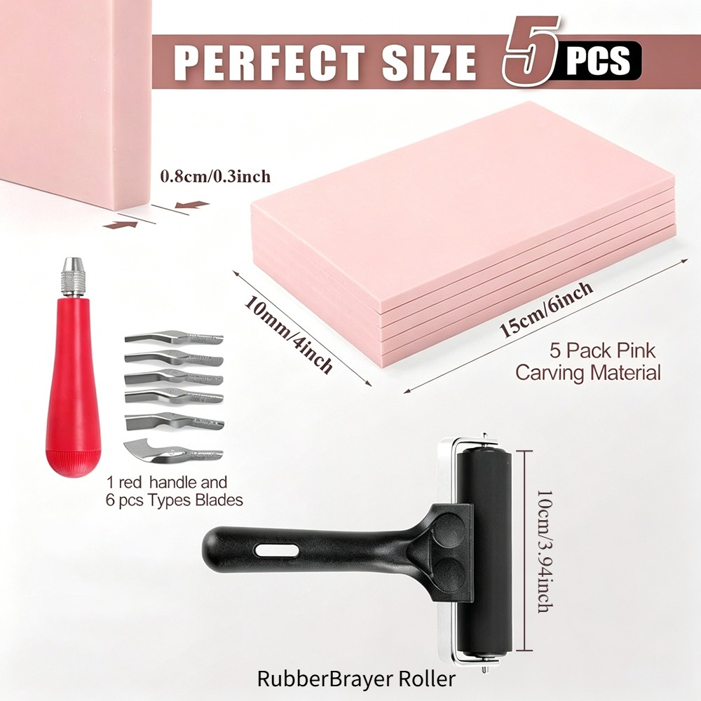5-Pack Printmaking Carving Kit with Pink Stamp Blocks & Tools