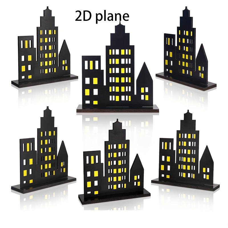 TEMU 6pcs Set Of City Centerpiece , Party Decoration, 2d Flat Wooden Desktop Ornament, With Base, Hero Theme Birthday Party Supplies Halloween