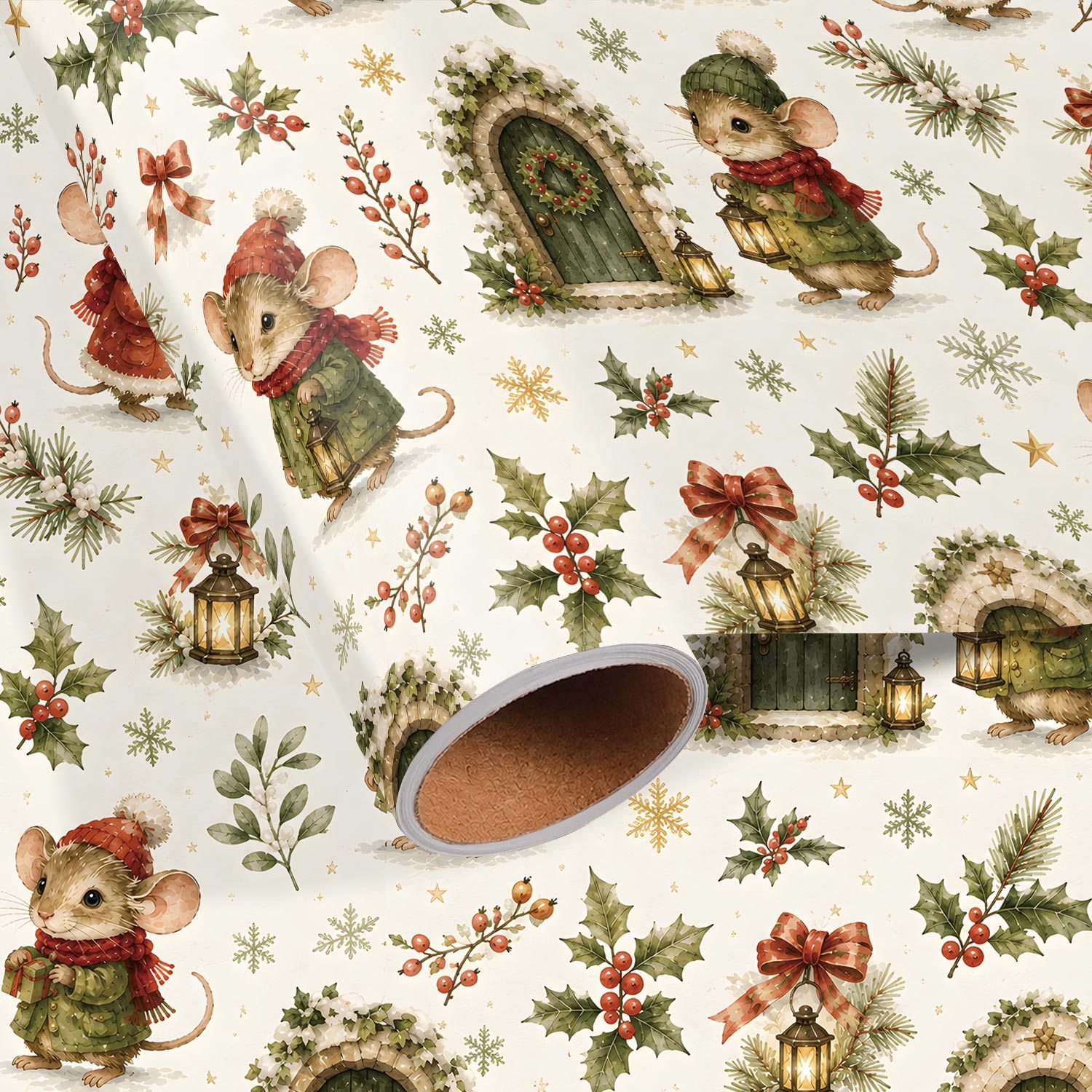 TEMU Roll Cute Mouse Wrapping Paper Suitable For Xmas Gifts - Vintage Woodland Christmas Mice With Holly & Bows Design, Single-sided Sheets For Diy