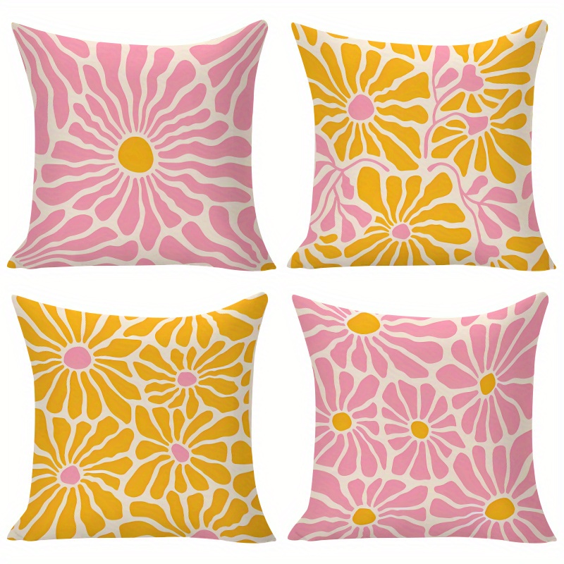 TEMU 4pcs Of Bright Floral Throw Pillow Covers, Without Pillow Core, With Zipper Closure. Yellow And Pink Sweet Pattern Cushion Cover. For Home