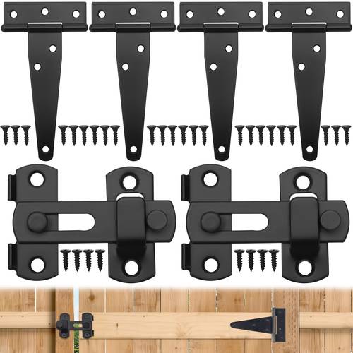 Heavy-duty Set: 4 T-hinges and 2 Bolts, Suitable for Wooden Doors, Main Gates, and Garden Gates—4-inch Foldable Metal Hinges, with 32 Screws, Outdoor Door Hardware, Suitable for Residential/commercial Use, Adjustment-free