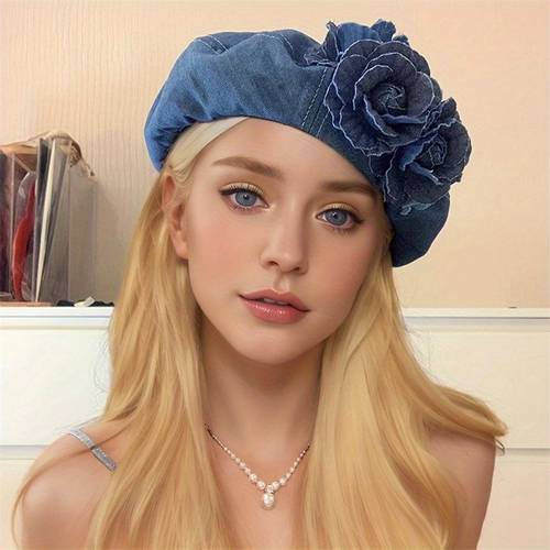 womens foldable denim beret hat 3d floral color block painter cap for daily wear