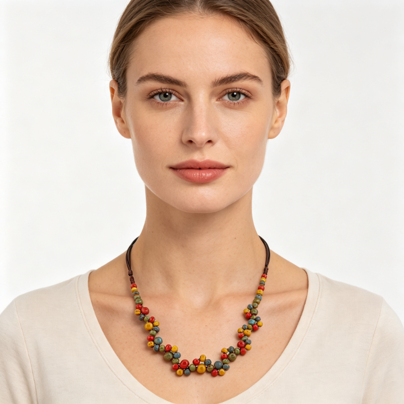 Boho Multicolor Ceramic Bead Strand Necklace for Women