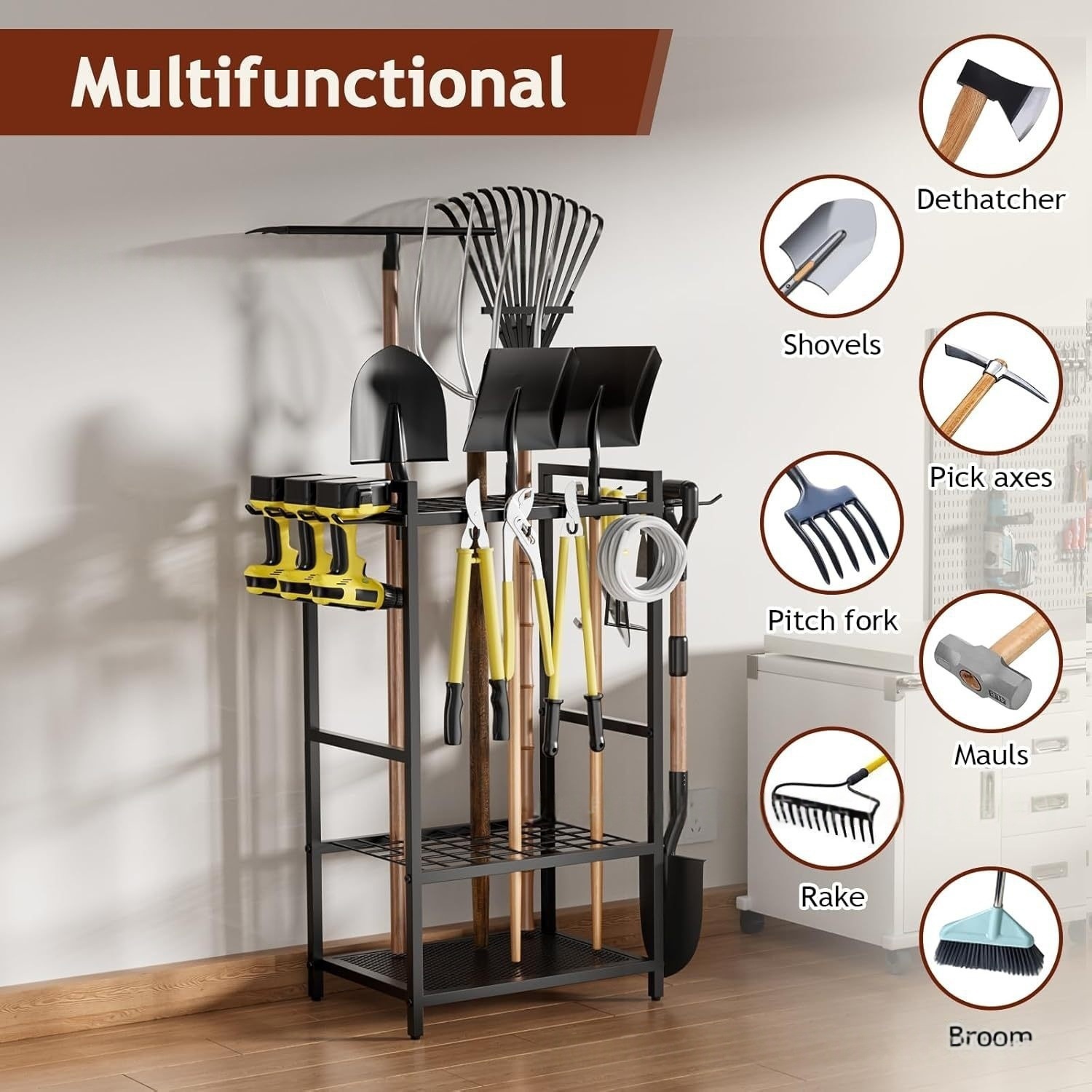TEMU Heavy-duty Metal Garden Tool Storage Rack With Hooks - Long-handled Tool Rack Suitable For Brooms, Shovels, Rakes- 3-tier Outdoor Garden Rack In