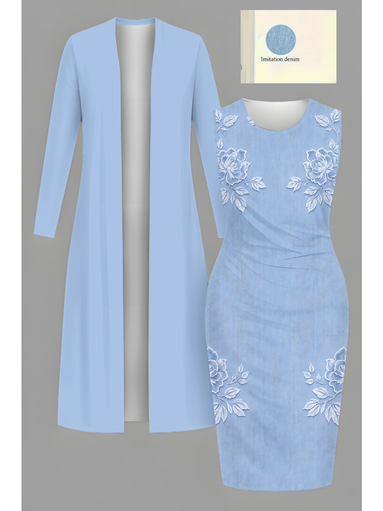 Plus Size Women 2pcs, Elegant Large-sized Ladies' Set, Featuring a  Solid-color, Fashionable and Simple Long Cardigan Jacket and a Printed  Cinched-waist Dress. * Suitable for Christmas, Valentine's ...