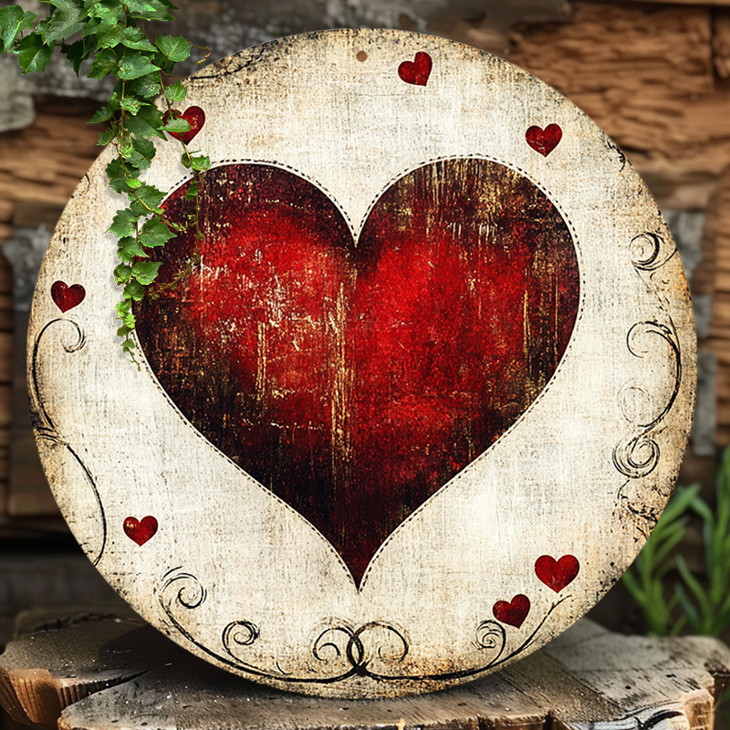 

1pc Round Aluminum Sign 2d Flat Printing, Valentine's Day Heart Wreath Metal Sign Attractive For Home Wall Plaque Decor