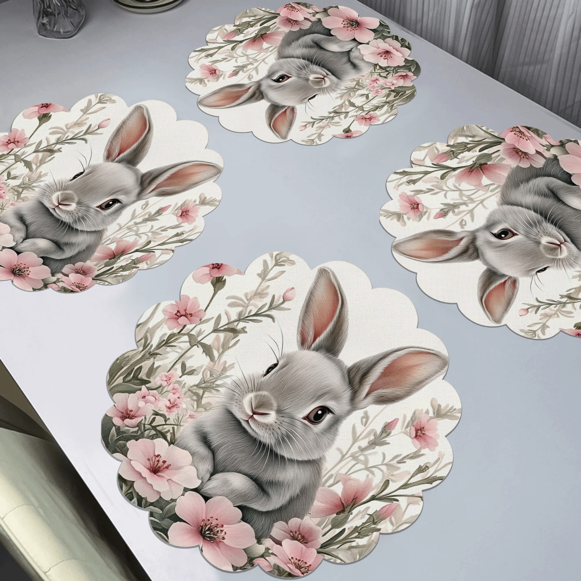 

4pcs Sets de Table Lapin de Pâques, Tapis de Table Tissés 100% Polyester, Ronds, Lavables à , Antidérapants, Résistants à la Chaleur, Décor de Table pour les Fêtes