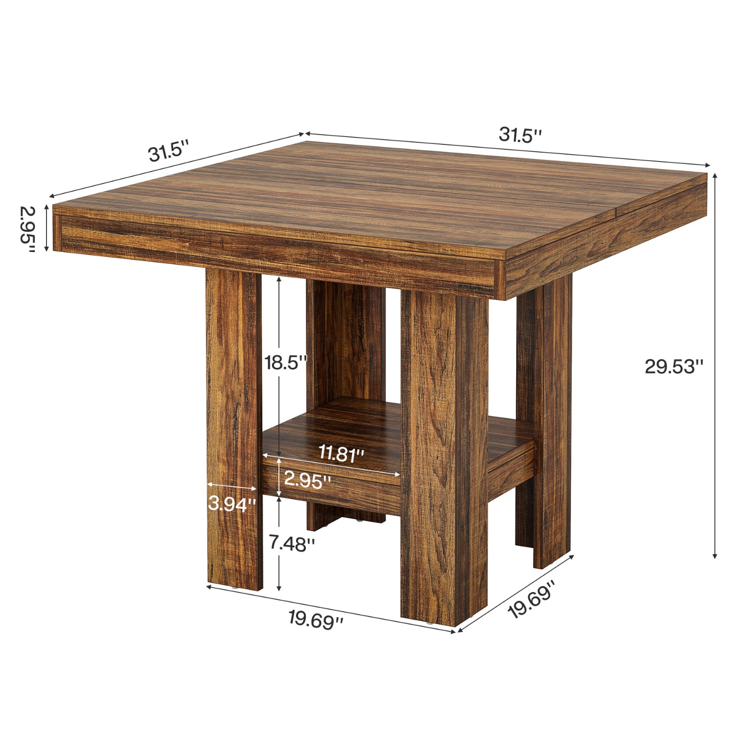 " Square Dining Table For 4, Small Kitchen Table With Shelf Storage, Compact Dining Room Furniture For Apartments, Offices, Living Rooms, Restaurants, Brown
