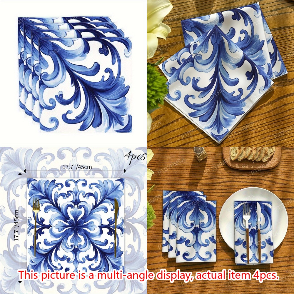 TEMU 4 pezzi Tovaglioli in tessuto con stampa 2D motivo piastrelle in stile mediterraneo �� Design ceramica a spirale blu e , materiale e assorbente,