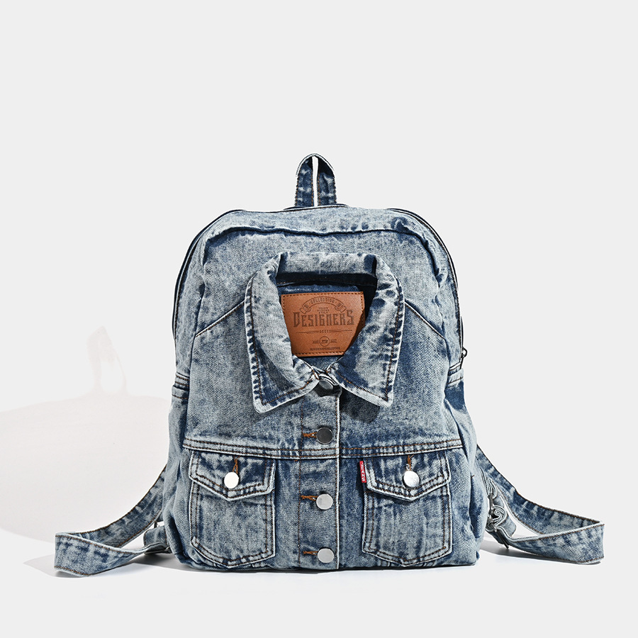 【BAON】Kela Denim Pocket Buckle Backpack Y2K Korean Vintage Denim Cowboy Primark Backpack For Women