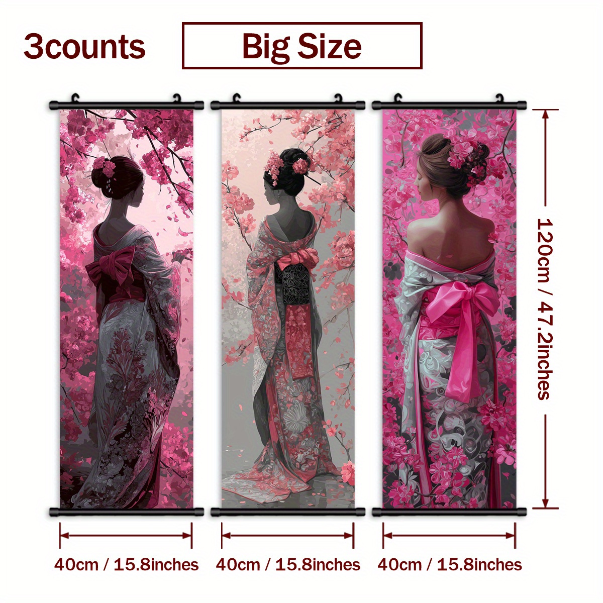 TEMU Peinture sur Toile 2D Plate, [2D Flat] 3 Pièces de Suspendu avec Kimono Cerisier Geisha, Œuvre d'Art Salon Chambre, Décoration Murale à Motif