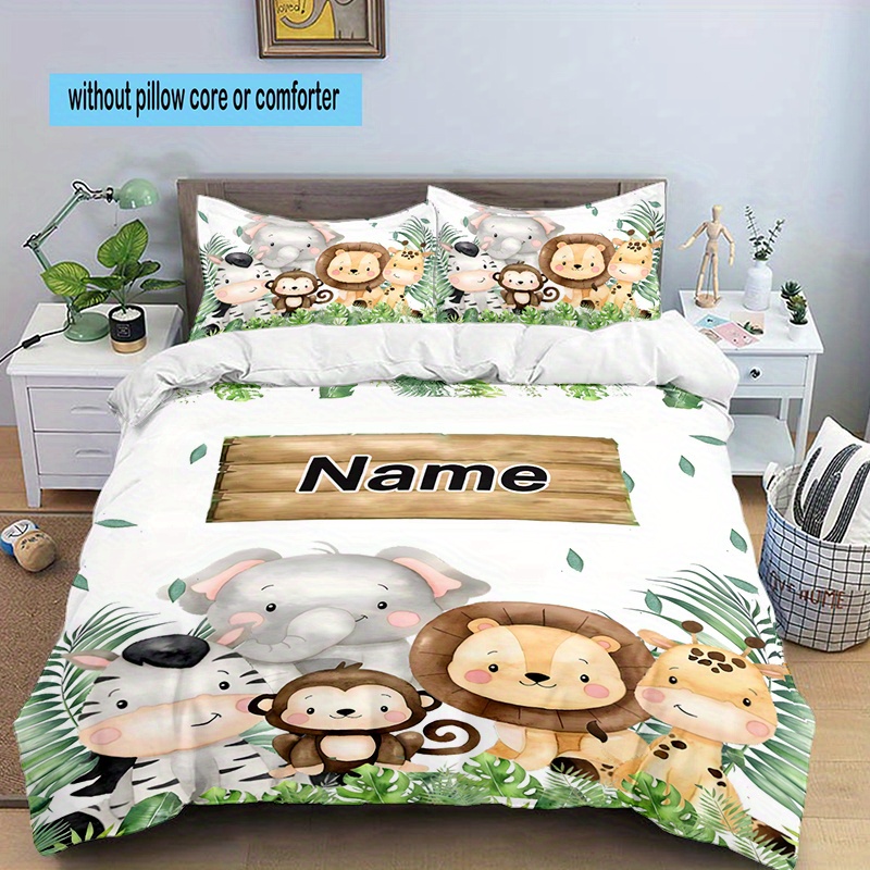 

3pcs Custom Name Bedding Set Jungle Animals Printed Duvet Cover Closure Includes 1 Duvet Cover & 2 Pillowcases For All Bedroom Decor Christmas Decoration Birthday Gift