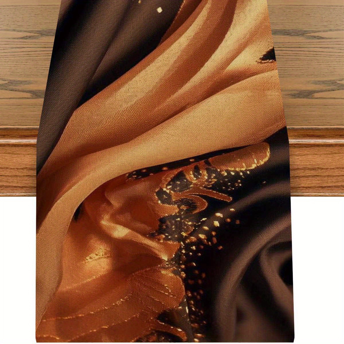 TEMU 1pc, Luxurious Golden And Brown Patterned Table Runner, Smooth Texture, High-end Glossy Finish, Perfect For Home Gatherings, Indoor/outdoor,